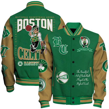 LIMITED EDITION - NEW CUSTOMIZED BCE BOSTON CELTICS BASEBALL JACKET, SATIN VARSITY JACKET - NBA03