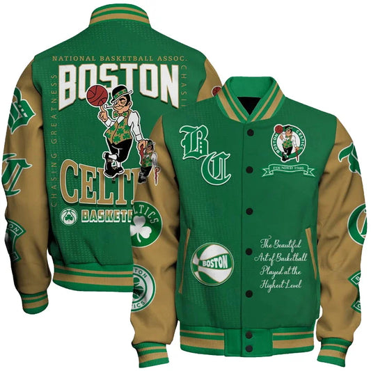 LIMITED EDITION - NEW CUSTOMIZED BCE BOSTON CELTICS BASEBALL JACKET, SATIN VARSITY JACKET - NBA03