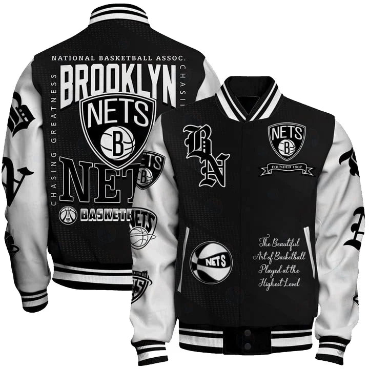 LIMITED EDITION - NEW CUSTOMIZED BNE BROOKLYN NETS BASEBALL JACKET, SATIN VARSITY JACKET - NBA25