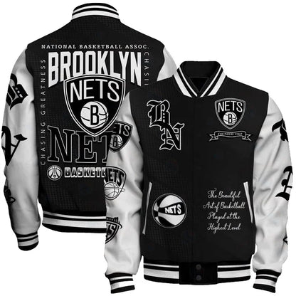 LIMITED EDITION - NEW CUSTOMIZED BNE BROOKLYN NETS BASEBALL JACKET, SATIN VARSITY JACKET - NBA25