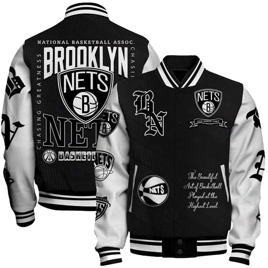 LIMITED EDITION - NEW CUSTOMIZED BNE BROOKLYN NETS BASEBALL JACKET, SATIN VARSITY JACKET - NBA25