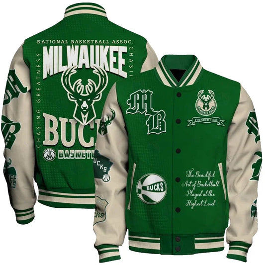 LIMITED EDITION - NEW CUSTOMIZED MBU MILWAUKEE BUCKS BASEBALL JACKET, SATIN VARSITY JACKET - NBA11