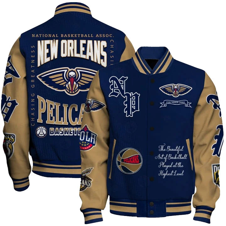 LIMITED EDITION - NEW CUSTOMIZED NOP NEW ORLEANS PELICANS BASEBALL JACKET, SATIN VARSITY JACKET - NBA30