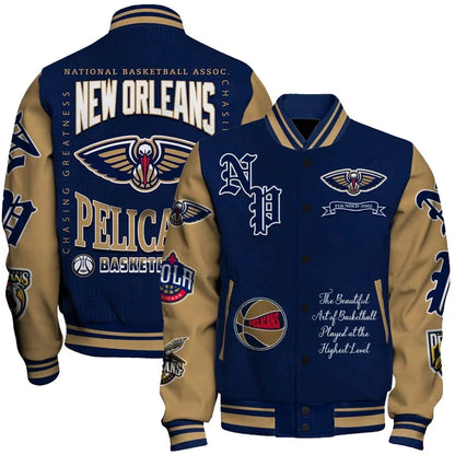 LIMITED EDITION - NEW CUSTOMIZED NOP NEW ORLEANS PELICANS BASEBALL JACKET, SATIN VARSITY JACKET - NBA30
