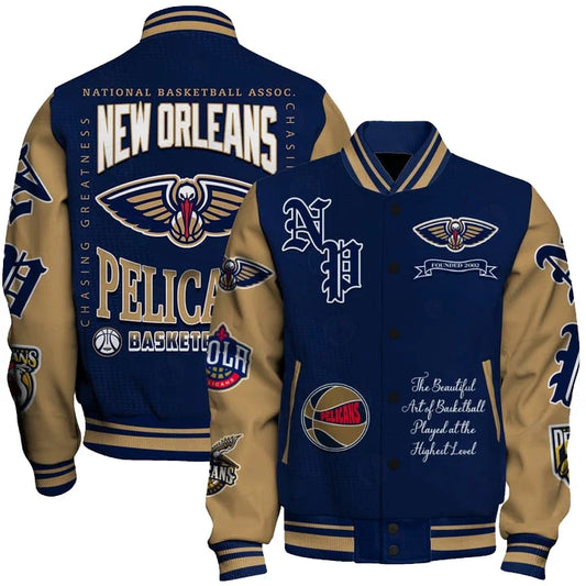 LIMITED EDITION - NEW CUSTOMIZED NOP NEW ORLEANS PELICANS BASEBALL JACKET, SATIN VARSITY JACKET - NBA30