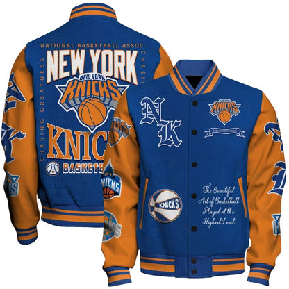 LIMITED EDITION - NEW CUSTOMIZED NYK NEW YORK KNICKS BASEBALL JACKET, SATIN VARSITY JACKET - NBA04
