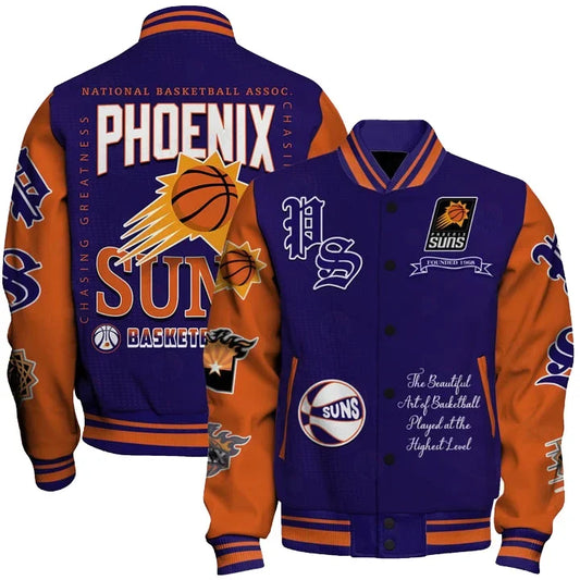 LIMITED EDITION - NEW CUSTOMIZED PSU PHOENIX SUNS BASEBALL JACKET, SATIN VARSITY JACKET - NBA21
