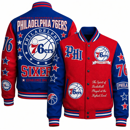 LIMITED EDITION - NEW CUSTOMIZED P76 PHILADELPHIA 76ERS BASEBALL JACKET, SATIN VARSITY JACKET - NBA26
